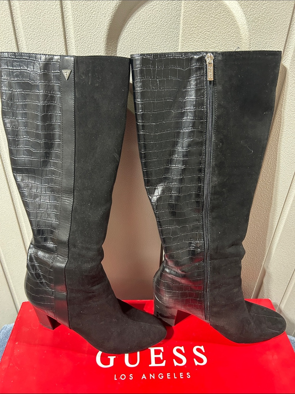 GUESS Black Over-the-Knee Croc-Embossed Suede Boots